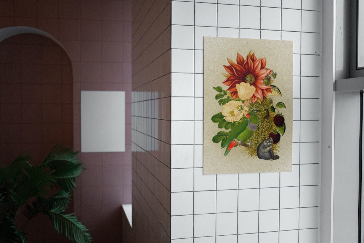 Raspberry Raccoon and Verde Parrot - Art Print
